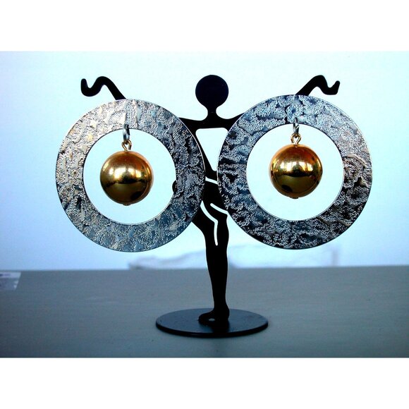 Vintage Brutalist Gold & Silver Tone Statement Necklace & Clip-On Earrings Set 1 - Picture 8 of 14